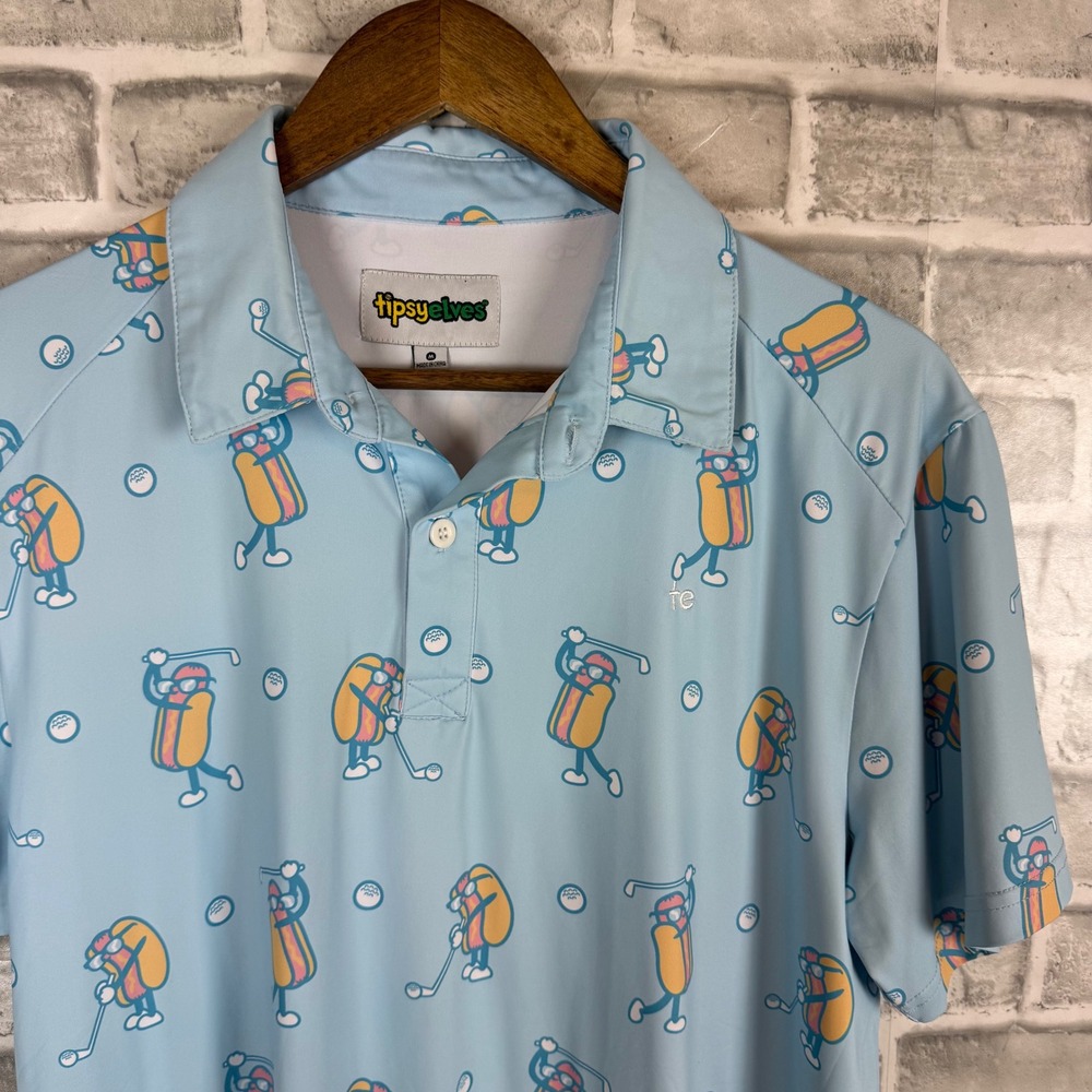 Tipsy Elves Mens Golf Polo Shirt Light Blue Hot Dog Graphic Print Size Medium